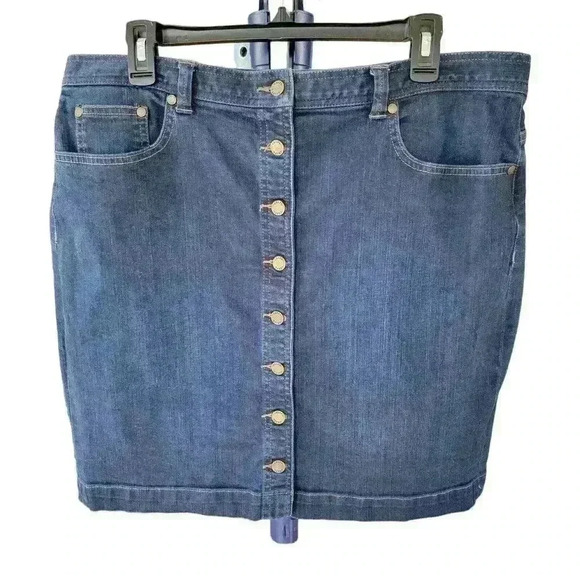Chaps Ralph Lauren Denim Jean Skirt Button Front Pockets Blue Stretch Size 14 - Picture 1 of 7